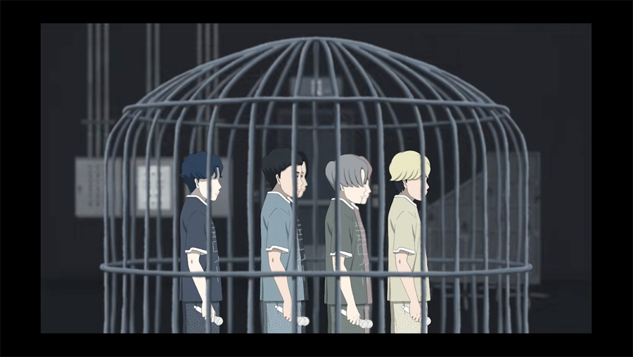 A boy-band about to perform, inside a giant bird cage.