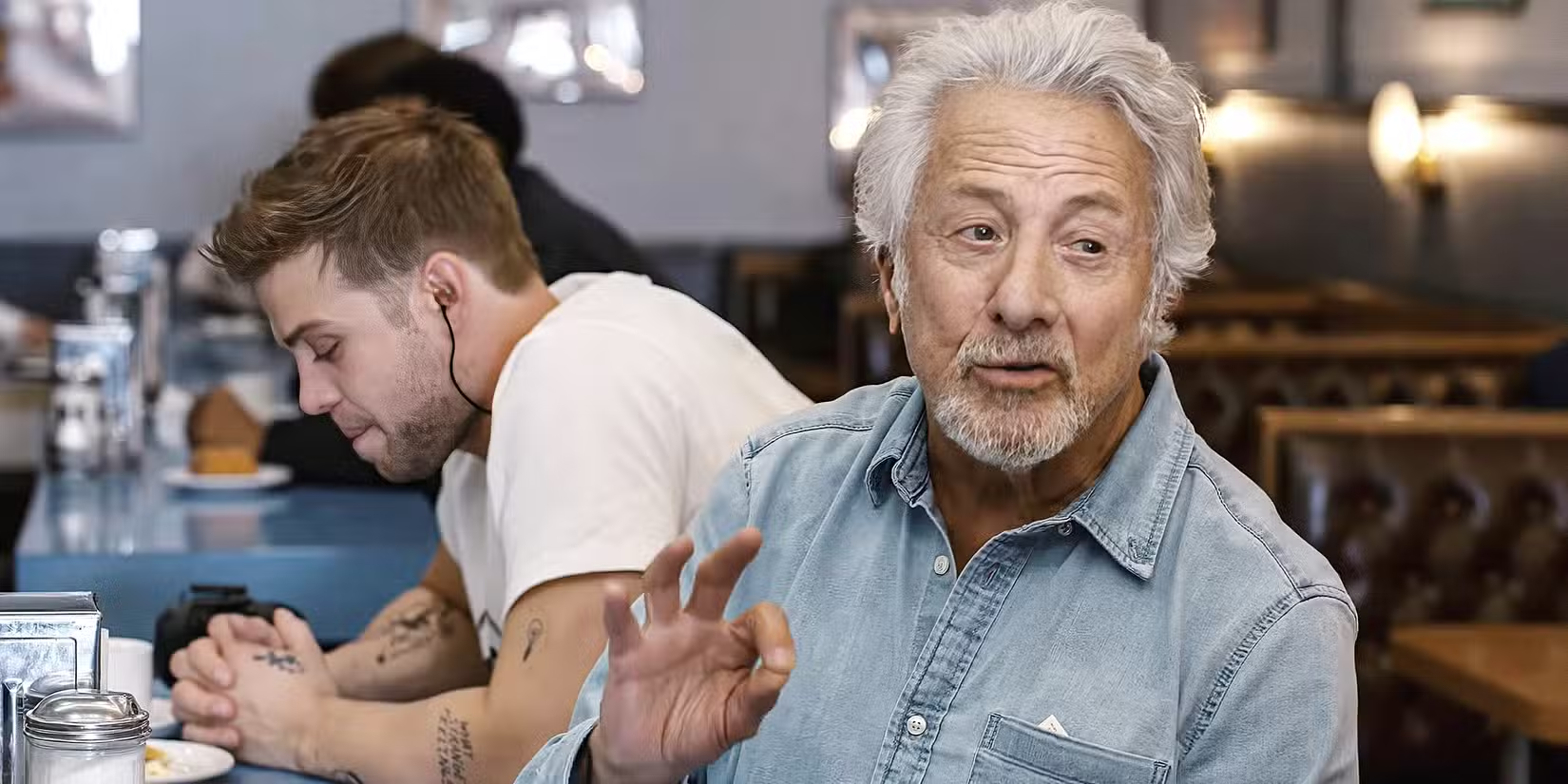 Dustin Hoffman embarrassing Leo Woodall in a diner